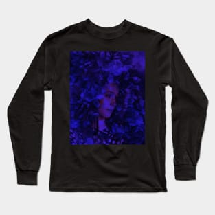 Beautiful girl, near the flowers. Dark, dim, calm and beautiful. Blue. Slightly brighter version. Long Sleeve T-Shirt